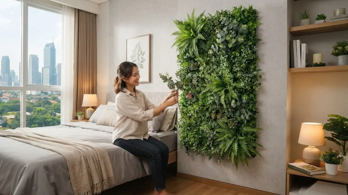 Kamar minimalis bertema taman tampil segar dengan dinding tanaman palsu vertikal yang estetis dan fungsional (BTV/AI)

