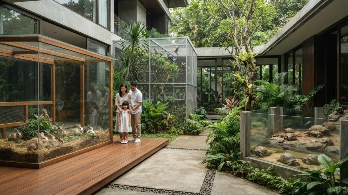 Konsep mini zoo transparan memadukan estetika, kenyamanan hewan, pencahayaan alami, dan desain rumah modern harmonis menyeluruh. (BTV/AI)
