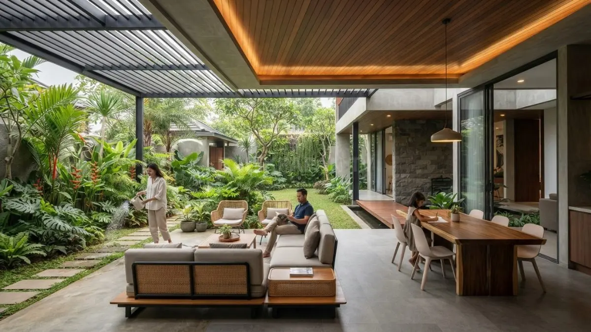 Konsep ruang transisi semi outdoor menghadirkan hunian nyaman melalui teras, courtyard, selasar, paviliun, dan area makan. (BTV/AI)