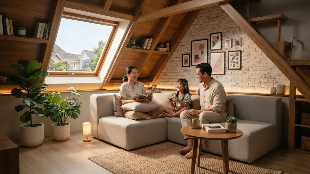 Loteng rumah minimalis disulap menjadi area santai keluarga dengan sofa, tanaman, dan pencahayaan hangat nyaman (BTV/AI)
