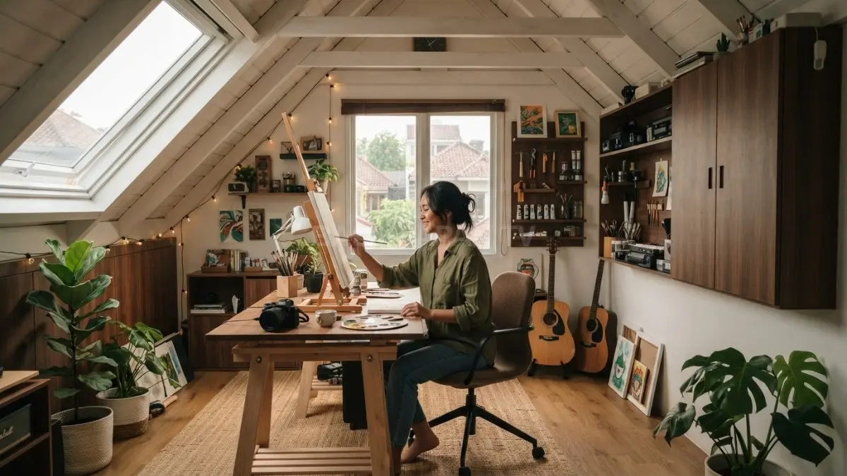 Loteng rumah minimalis disulap menjadi studio hobi fleksibel dengan penyimpanan rapi dan desain estetis nyaman (BTV/AI)
