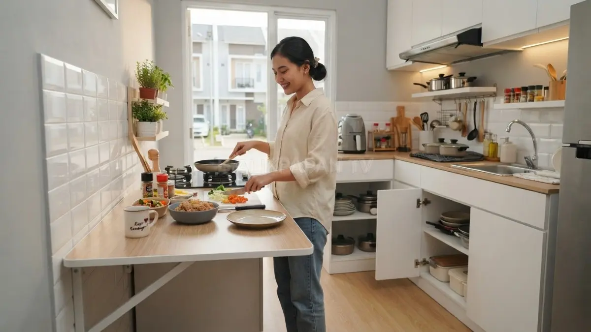 Meja lipat dan penyimpanan tersembunyi menjadi solusi praktis untuk dapur dengan ruang terbatas (BTV/Ai)