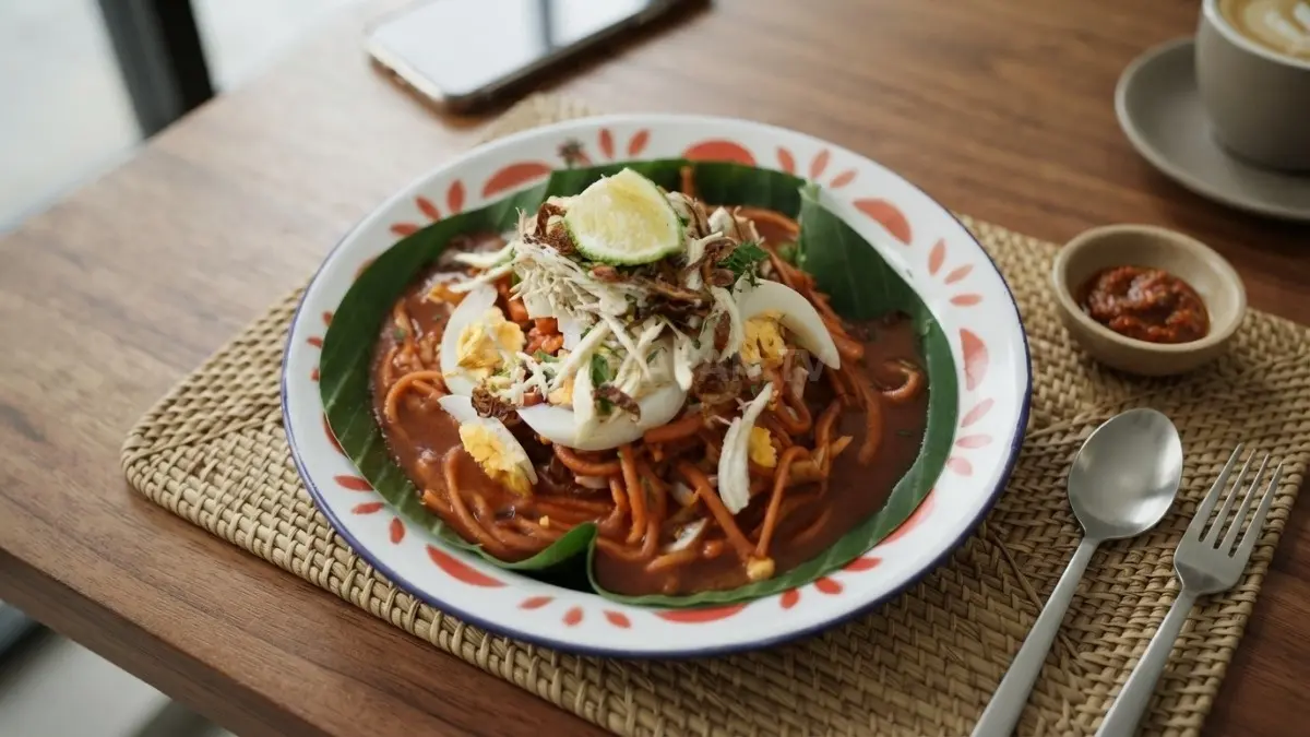 Mi Bancir khas Banjar disajikan setengah berkuah dengan ayam, telur, daun bawang, dan bawang goreng. (BTV/AI)