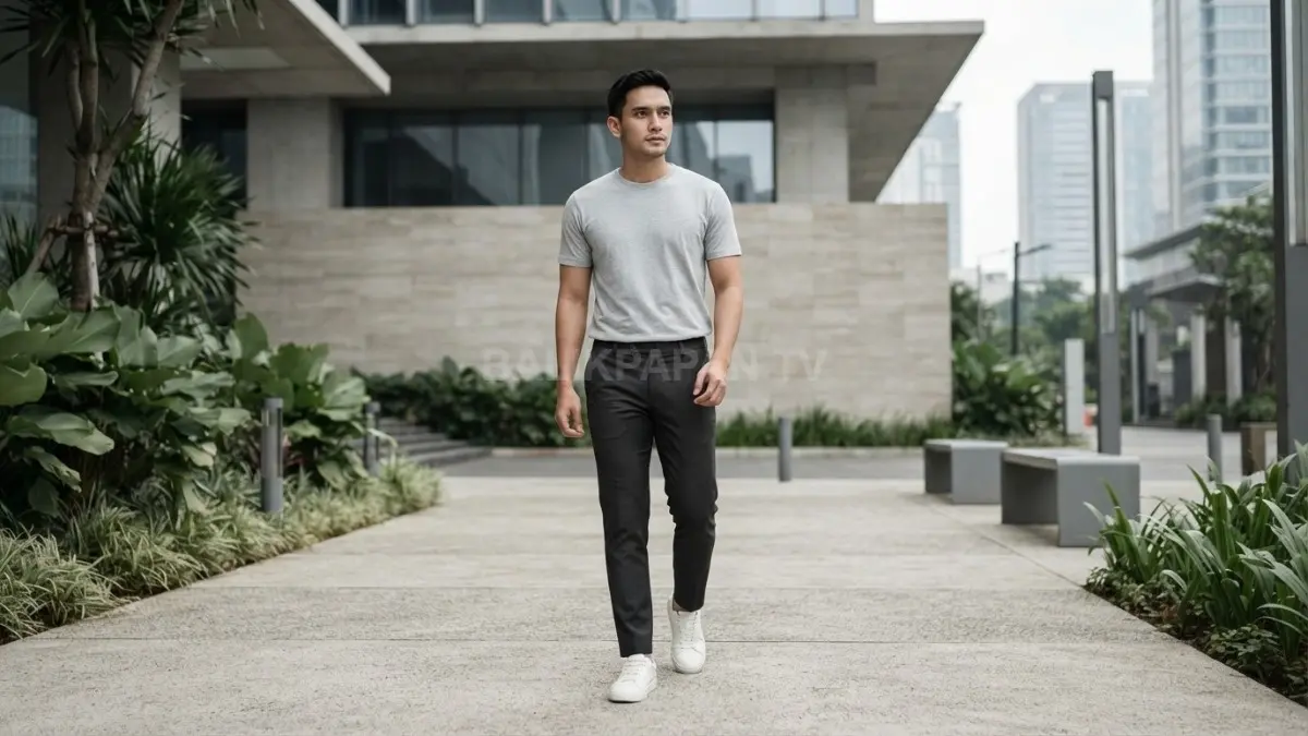 Monokrom abu-abu menghadirkan gaya urban modern dengan dimensi warna seimbang serta aksen sepatu putih segar (BTV/AI)