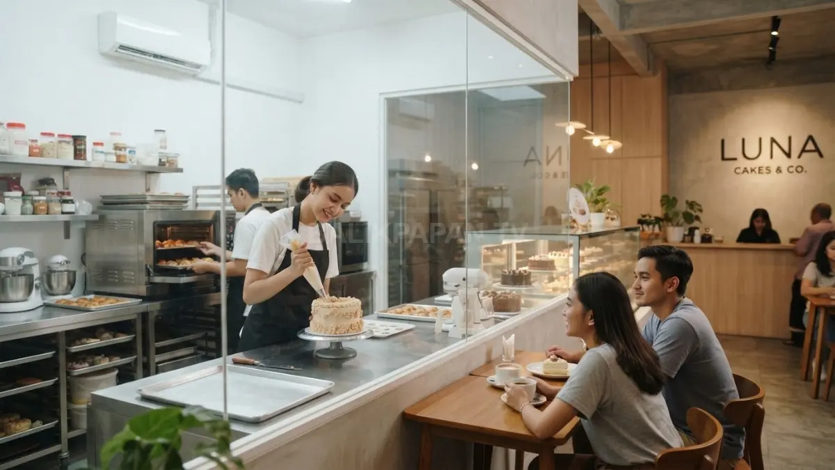 Open kitchen toko kue minimalis menghadirkan pengalaman pelanggan, transparansi proses, dan suasana estetis nyaman berkesan (BTV/AI)
