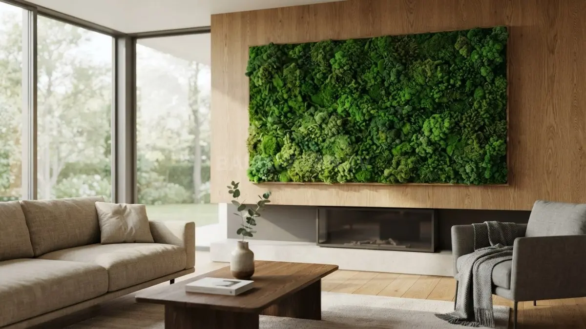 Panel dinding hijau berhiaskan preserved moss yang tampak elastis dan asri terpasang rapi di ruang tamu modern. (BTV/Ai)