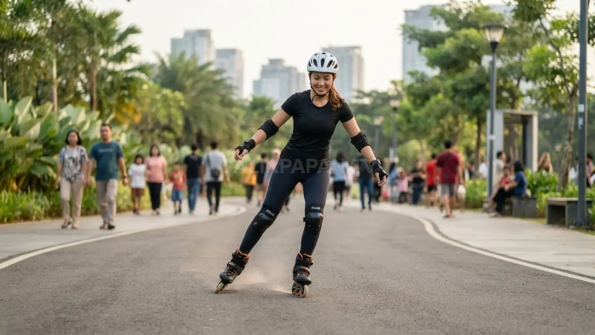 Pemain sepatu roda mempraktikkan teknik pengereman aman di area publik untuk mengurangi risiko kecelakaan saat bermain (BTV/AI)