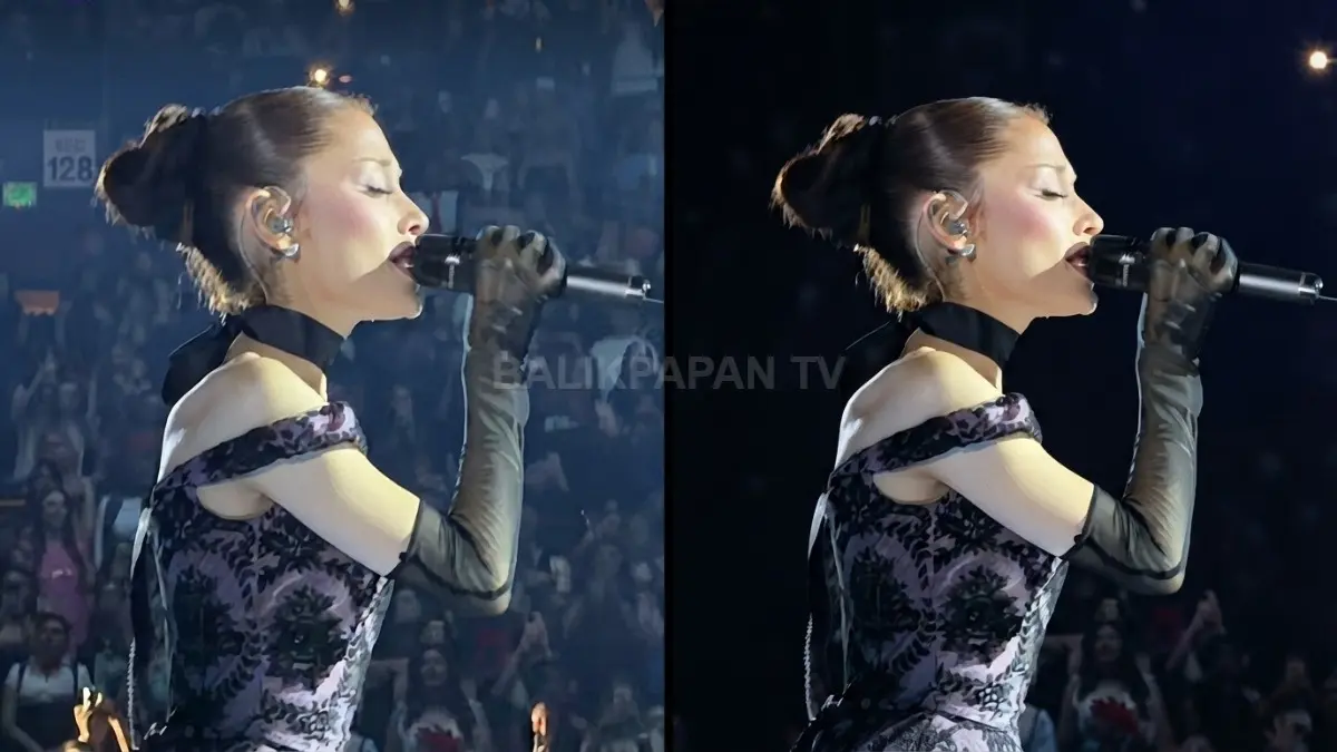 Penyanyi Ariana Grande saat tampil membawakan lagu Dangerous Woman di panggung konsernya dengan pencahayaan dramatis. (BTV/Ai)