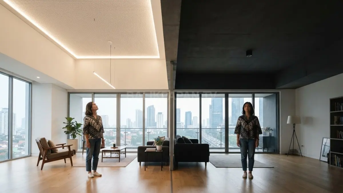 Perbandingan plafon terang dan gelap menunjukkan perbedaan persepsi tinggi ruangan pada interior modern. (BTV/AI)