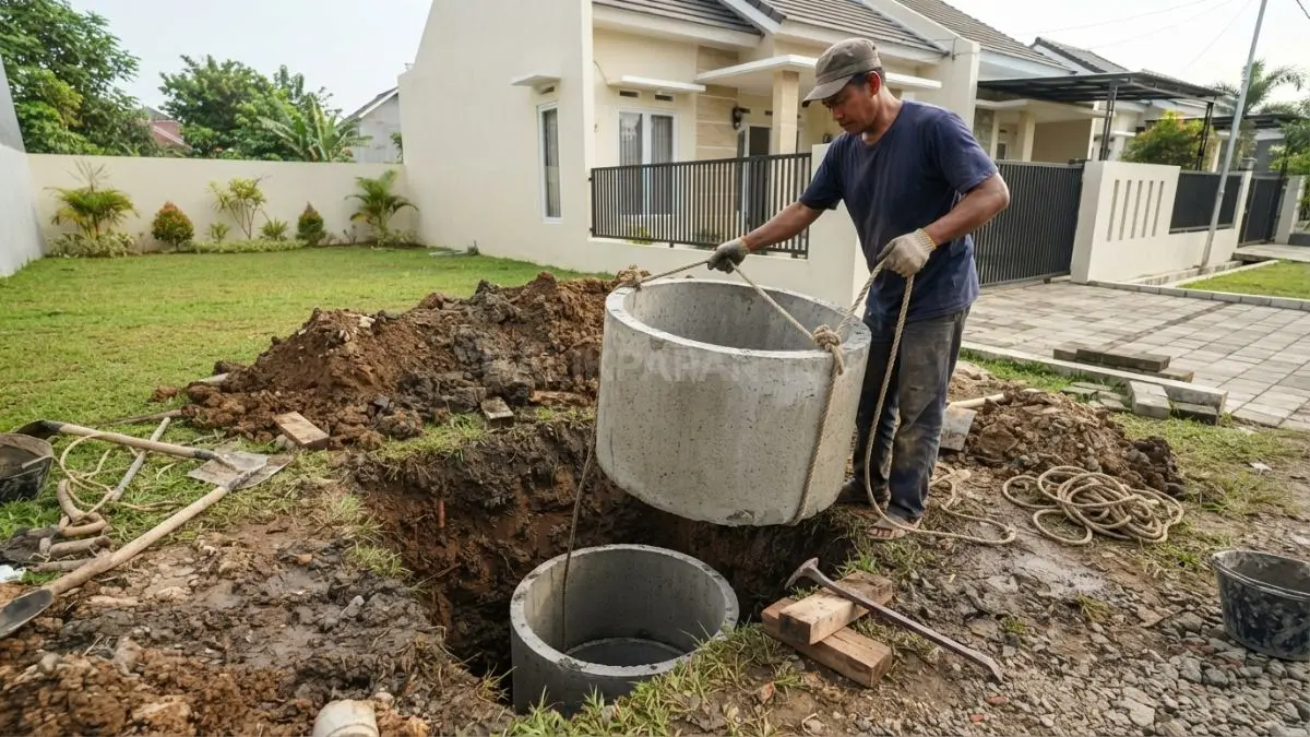 Proses pemasangan buis beton ke dalam galian tanah pekarangan untuk sumur resapan air hujan. (BTV/Ai)