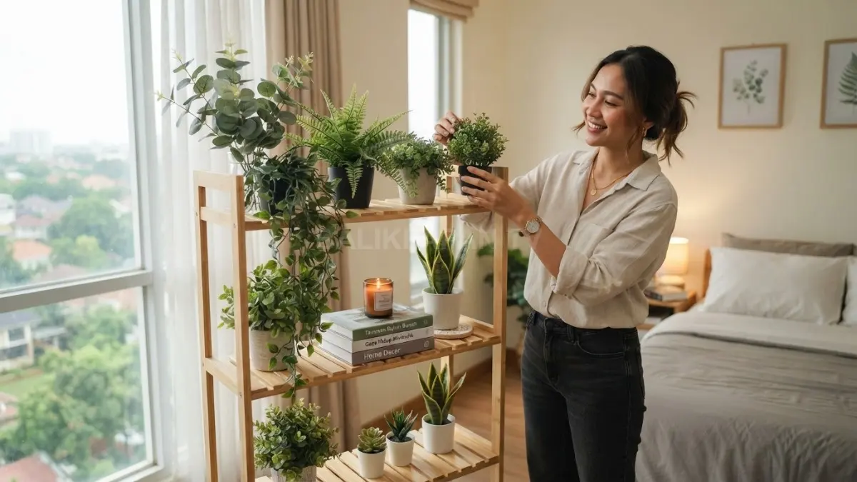 Rak tanaman bertingkat mempercantik kamar minimalis dengan tanaman palsu bergaya Skandinavia yang estetis dan fungsional (BTV/AI)
