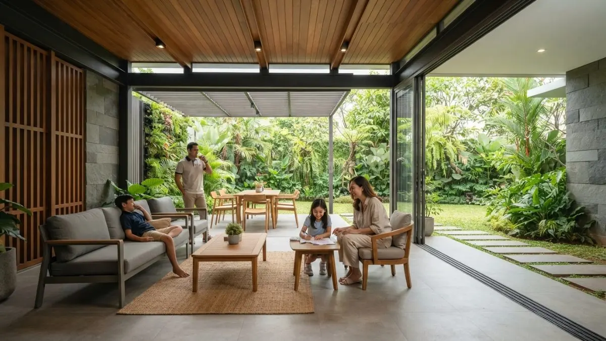 Ruang semi outdoor dirancang proporsional menggunakan material tahan cuaca demi kenyamanan aktivitas harian penghuni rumah. (BTV/AI)