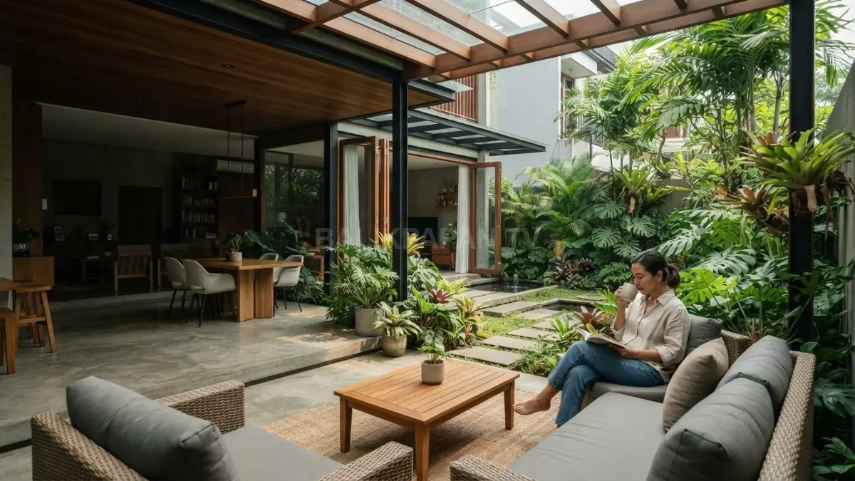 Ruang semi outdoor membantu sirkulasi udara alami, mengurangi panas sekaligus meningkatkan kenyamanan rumah tropis optimal (BTV/AI)