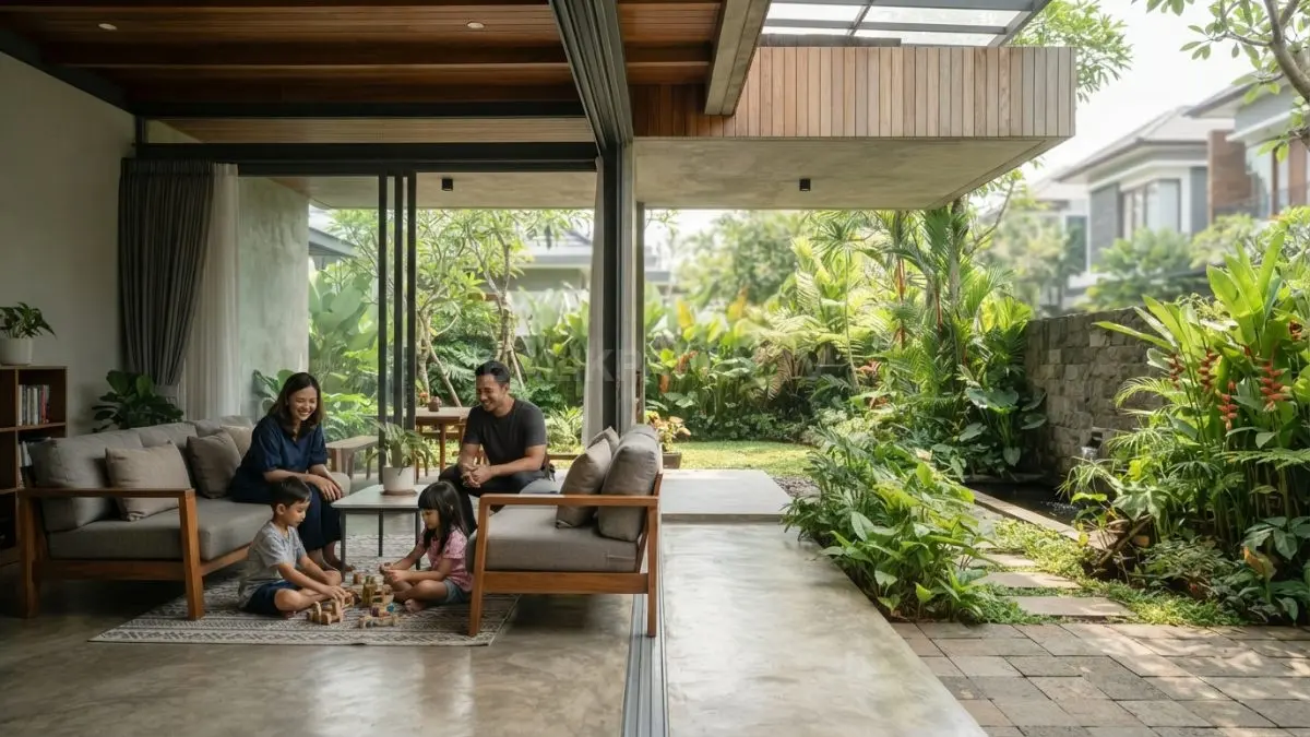 Ruang transisi semi outdoor menghubungkan interior dan eksterior, menciptakan hunian sejuk, nyaman, sekaligus estetik alami. (BTV/AI)