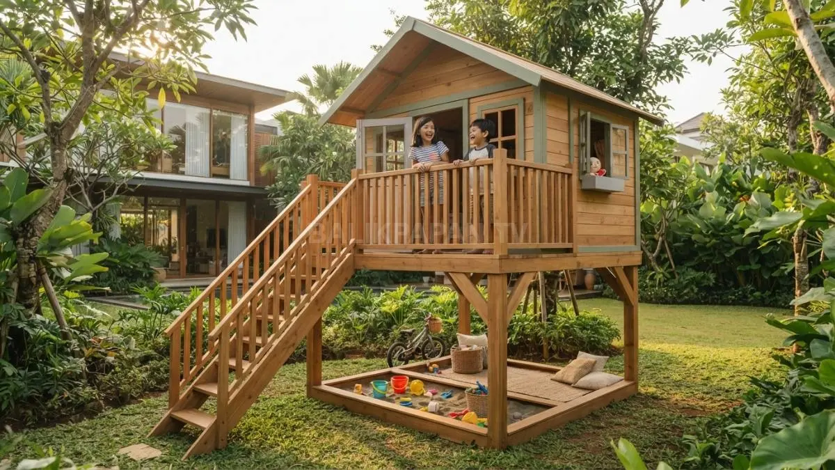 Rumah bermain bergaya tree house modern menghadirkan ruang estetik, aman, nyaman, dan menyatu dengan taman alami (BTV/AI)
