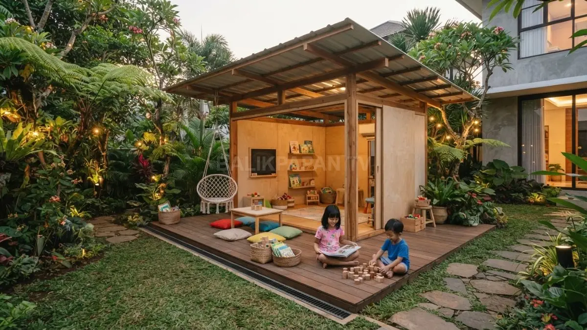 Rumah bermain semi outdoor menyatu dengan taman menghadirkan ruang estetik, aman, nyaman, dan ramah anak (BTV/AI)
