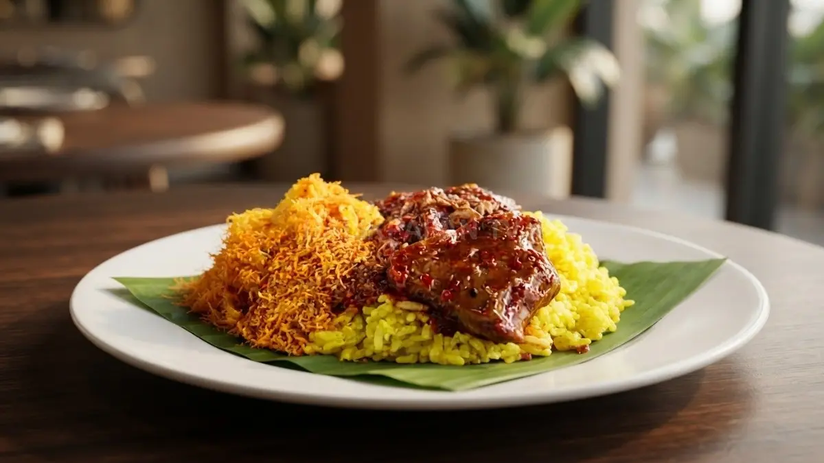 Sajian porsi nasi kuning hangat dengan lauk potongan ikan haruan bumbu merah pekat di atas piring berulas daun pisang. (BTV/Ai)