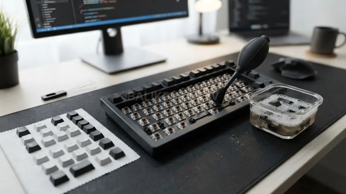Seorang pekerja kantor sedang mengoleskan pelumas pada komponen switch papan ketik mekanis dengan kuas kecil di meja kerja. (BTV/Ai)