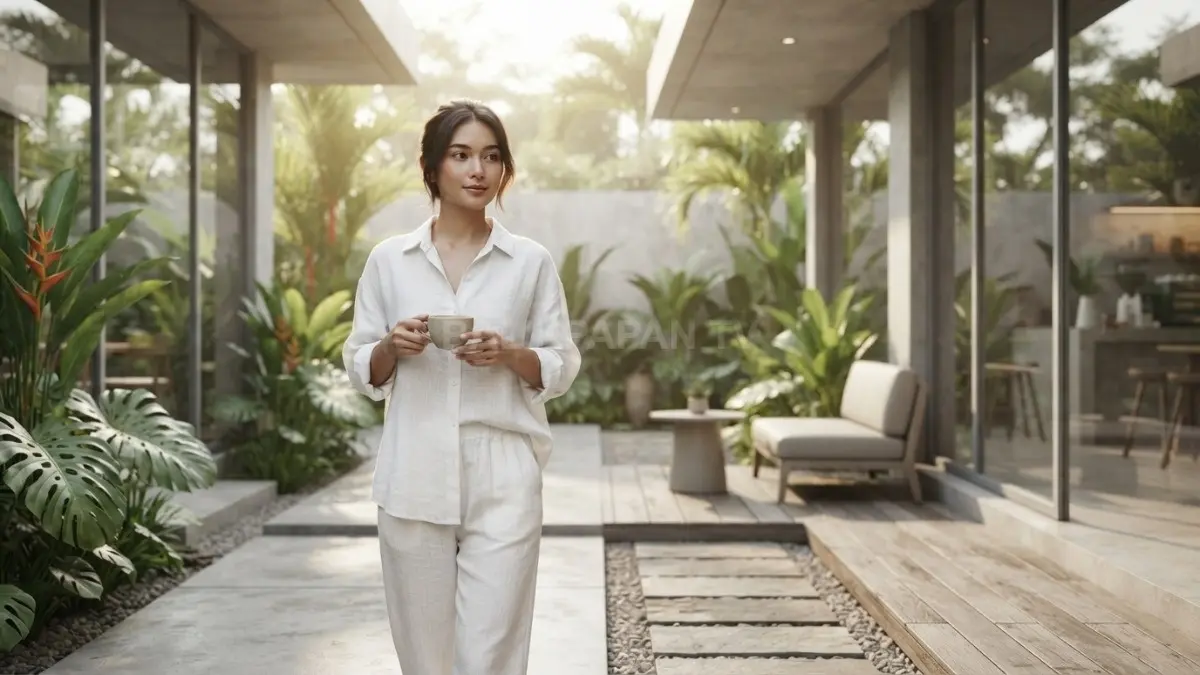 Setelan linen putih longgar menghadirkan tampilan santai, sejuk, nyaman, ideal untuk aktivitas luar ruangan saat cuaca panas (BTV/AI)