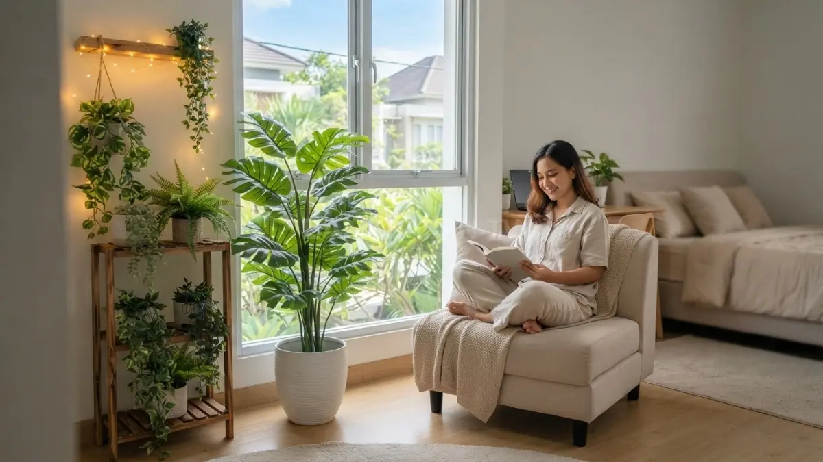 Sudut hijau dekat jendela menghadirkan kamar minimalis estetis dengan tanaman palsu dan suasana hangat nyaman (BTV/AI)
