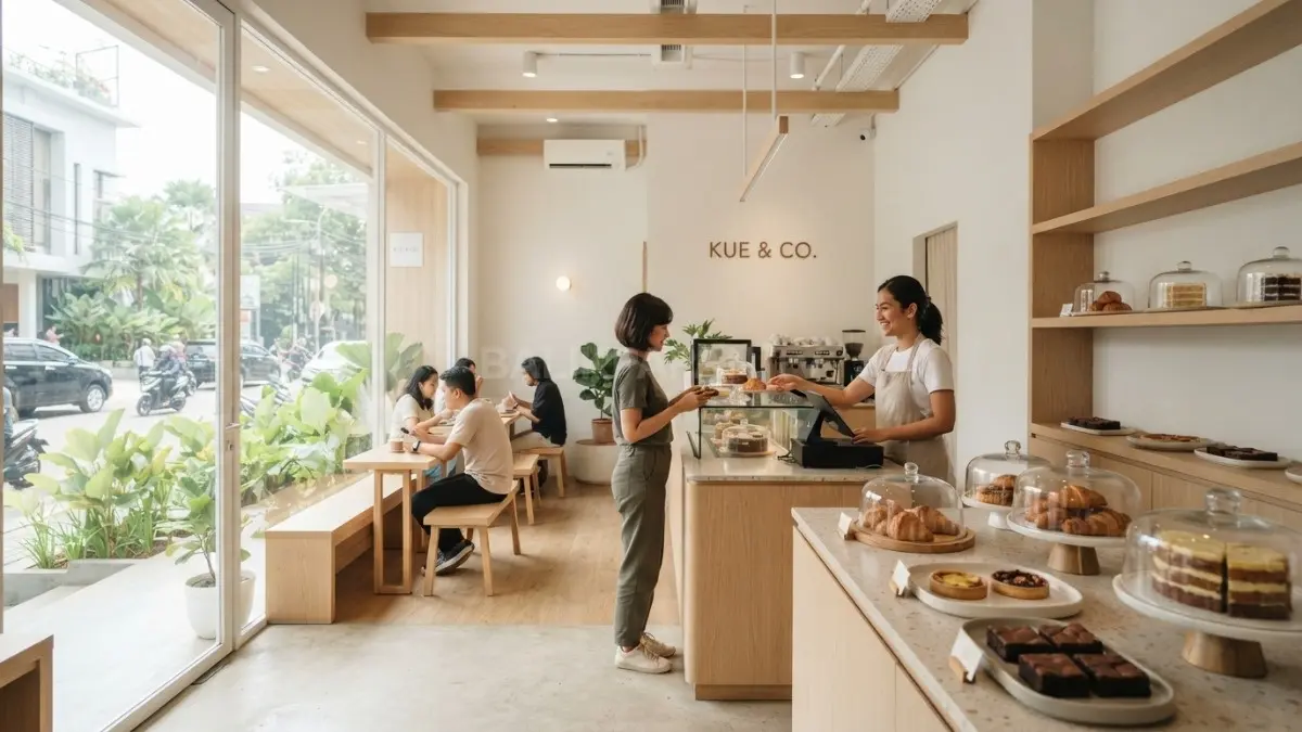 Toko kue minimalis bergaya Scandinavian menghadirkan interior terang, nyaman, estetis, dan menarik perhatian pelanggan berkunjung (BTV/AI)
