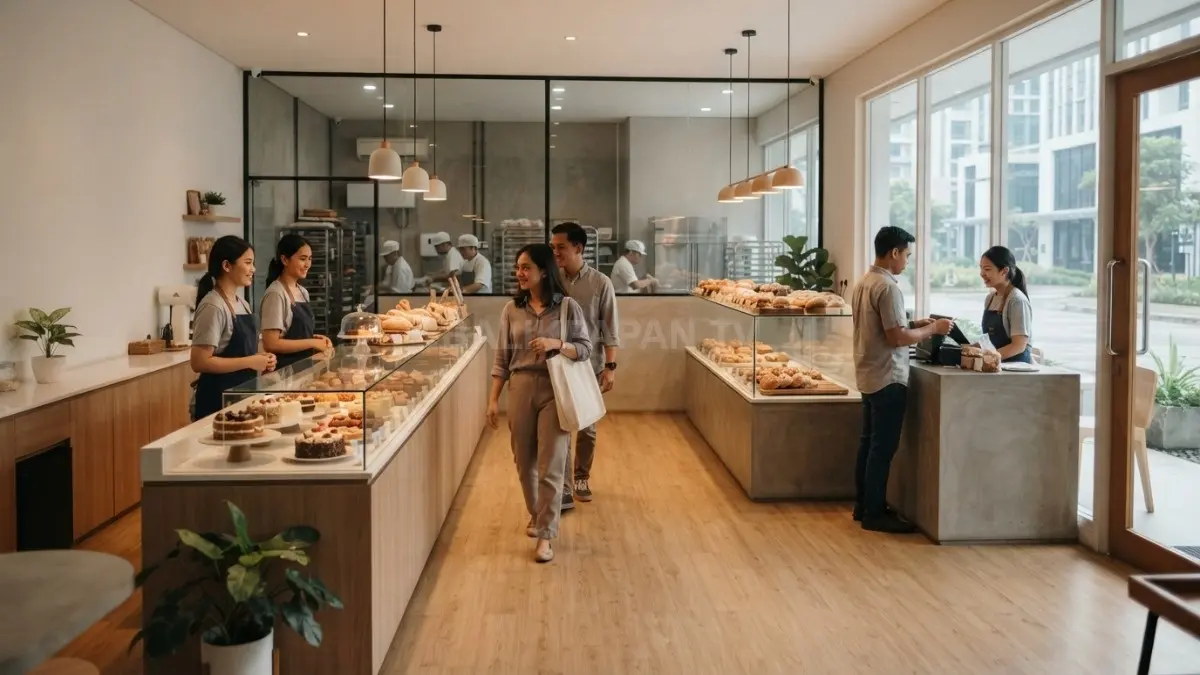 Toko kue minimalis menghadirkan desain estetis, sirkulasi nyaman, dan pengalaman pelanggan yang lebih menyenangkan berkesan (BTV/AI)
