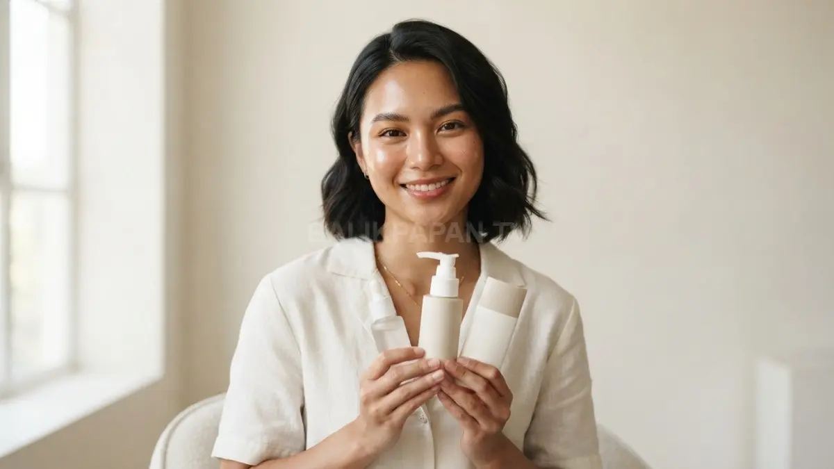 Wanita muda memegang tiga botol produk perawatan wajah dasar dengan latar belakang bersih. (BTV/Ai)
