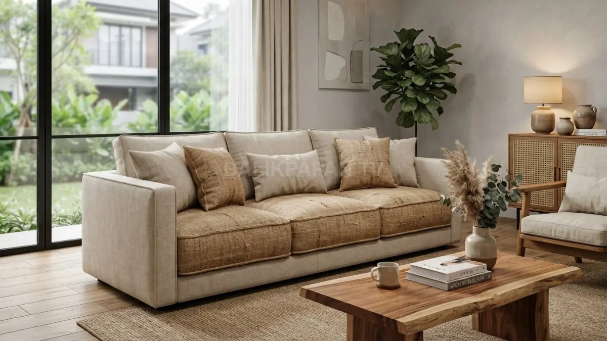 Aksen goni pada bantal sofa memberikan nuansa rustic dan titik fokus ruang keluarga. (BTV/Ai)