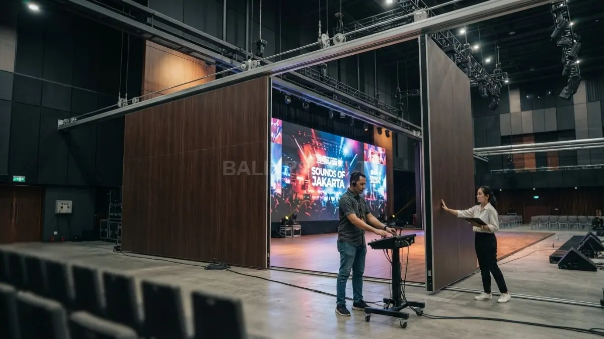 Aula multifungsi menggunakan panel geser praktis menghadirkan latar panggung fleksibel sesuai berbagai kebutuhan acara modern (BTV/AI)
