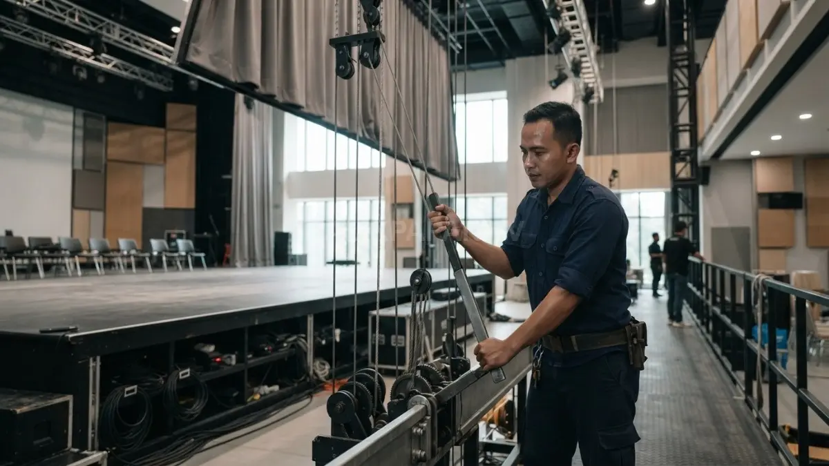 Aula multifungsi menggunakan sistem tuas mekanik manual untuk mengubah latar panggung secara praktis dan efisien (BTV/AI)
