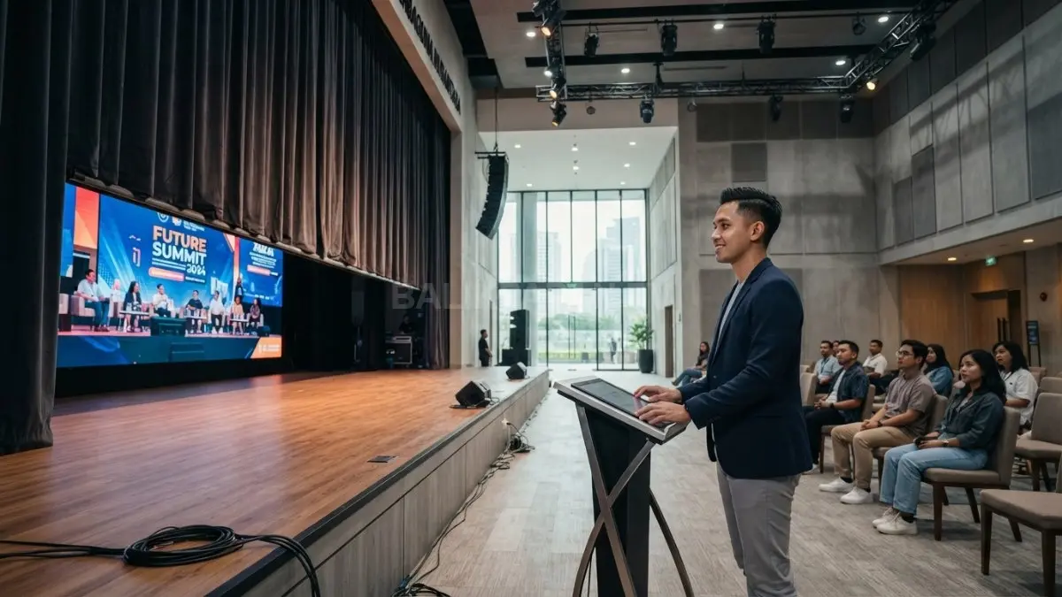 Aula multifungsi menggunakan tirai digital otomatis menghadirkan latar panggung fleksibel untuk berbagai acara modern praktis (BTV/AI)
