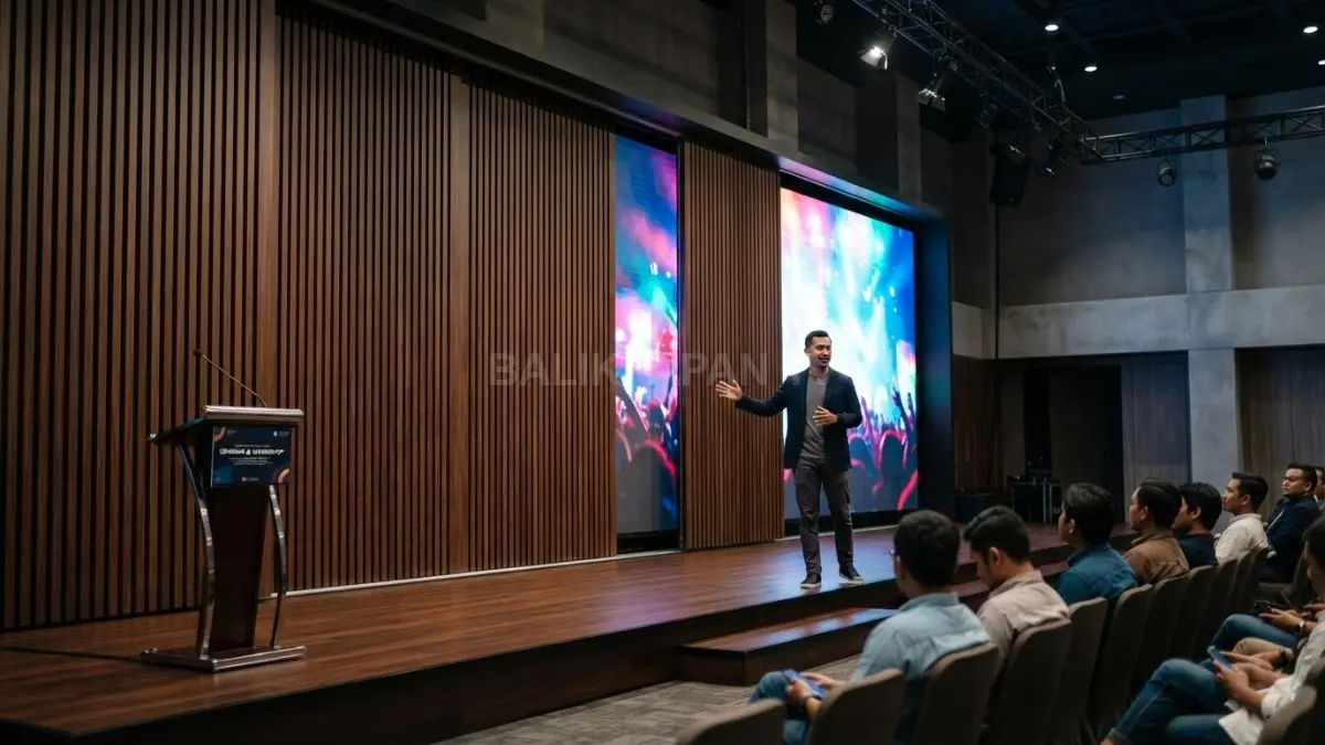 Aula multifungsi menghadirkan latar panggung panel dan LED yang fleksibel untuk berbagai jenis acara modern (BTV/AI)
