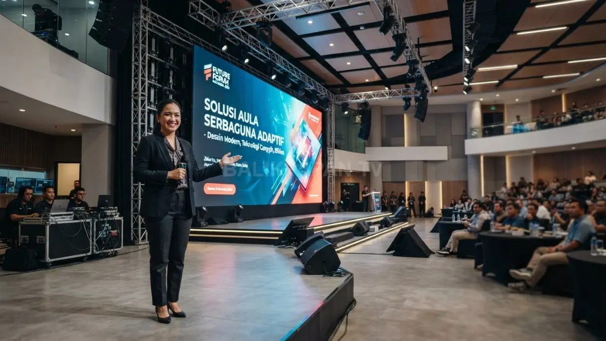 Aula multifungsi modern menggunakan latar panggung otomatis untuk mendukung berbagai acara secara fleksibel dan efisien (BTV/AI)
