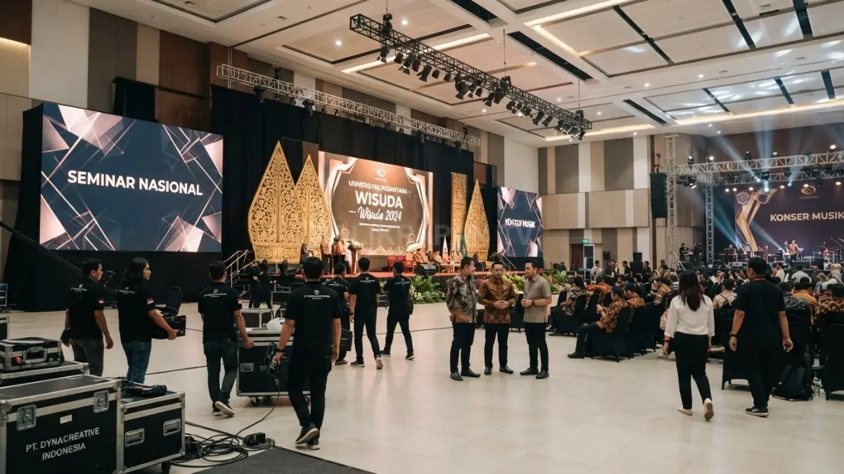 Aula multifungsi modern menggunakan material kokoh, panggung fleksibel, dan desain akustik untuk berbagai kegiatan (BTV/AI)
