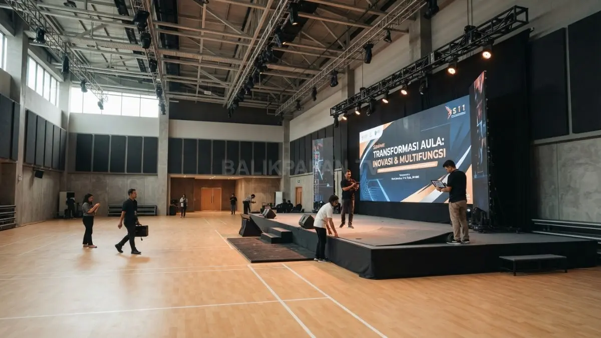 Aula multifungsi modern menggunakan material kokoh, panggung fleksibel, dan desain akustik untuk berbagai kegiatan (BTV/AI)
