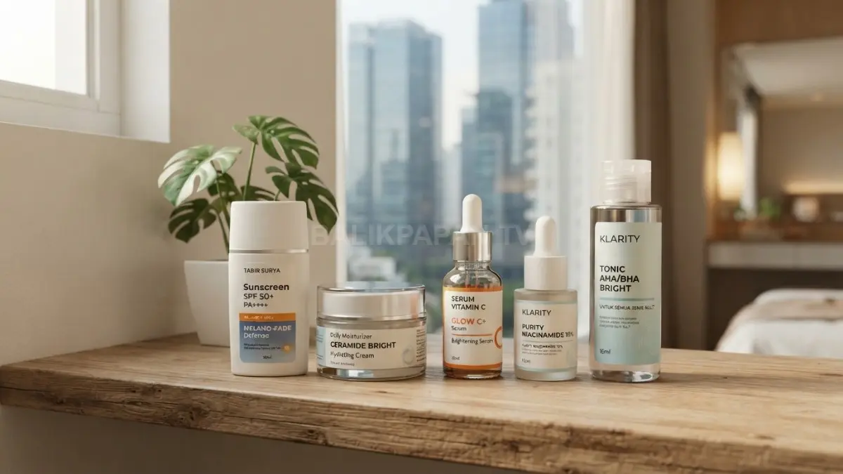 Beragam produk skincare seperti sunscreen, pelembap, dan serum vitamin C untuk membantu mengatasi kulit belang. (BTV/AI)