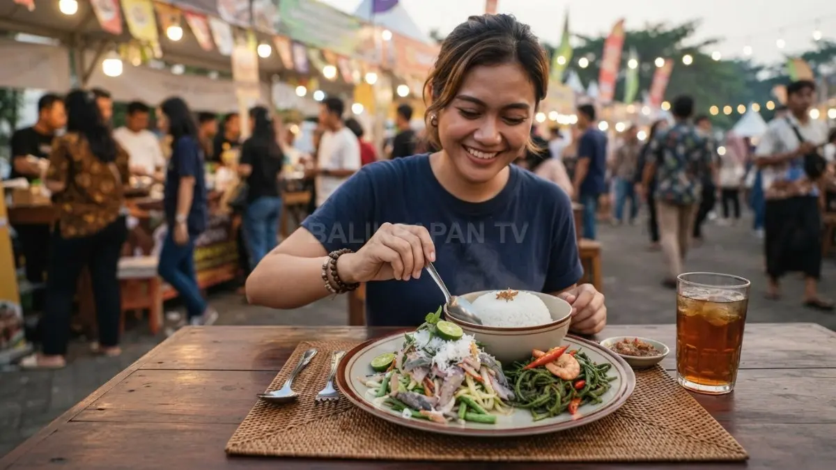 buatkan gambar Sajian Lawa Ikan bersama nasi hangat dan sayur khas Kalimantan pada festival kuliner daerah. (BTV/AI)