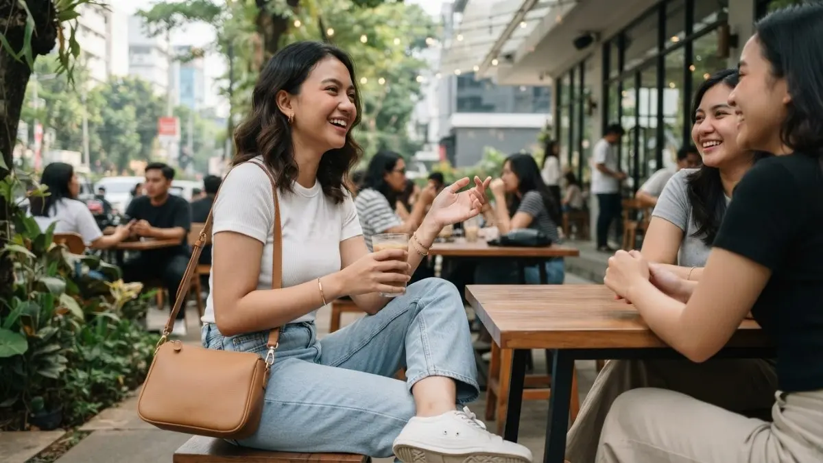 Crossbody bag melengkapi outfit kasual dengan kenyamanan, keseimbangan gaya, dan penampilan harmonis saat berkumpul bersama teman (BTV/AI)
