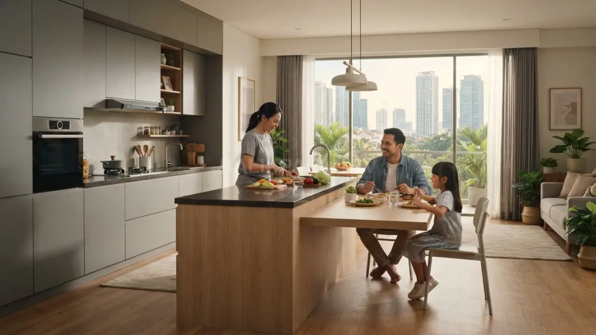 Dapur dan ruang makan open space menciptakan rumah minimalis modern dengan fungsi efisien serta suasana nyaman (BTV/AI)
