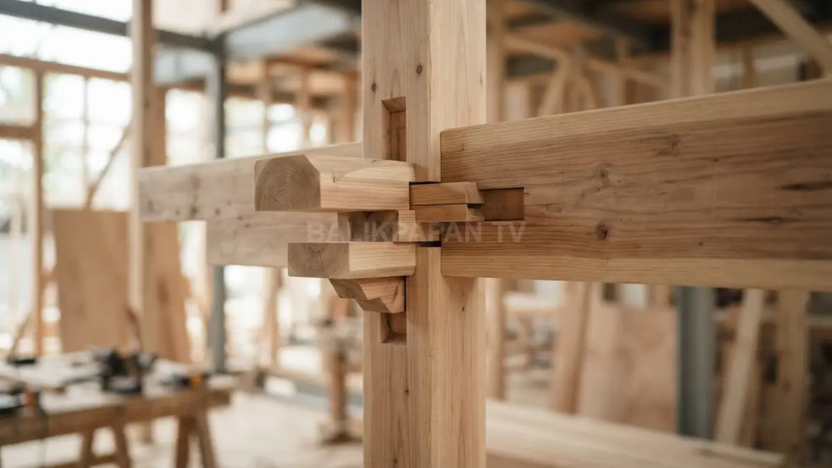 Detail sambungan kayu presisi tinggi tanpa paku logam pada kerangka bangunan rumah modern. (BTV/Ai)