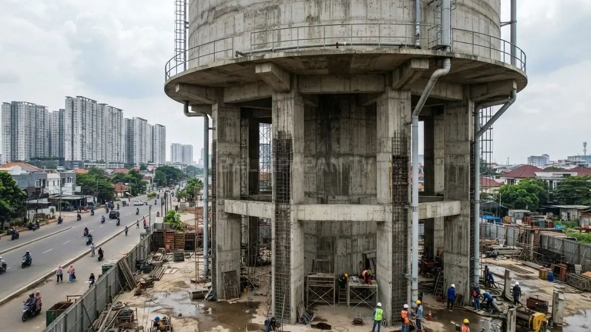 Detail struktur beton dan tangki menara air menunjukkan desain yang mengutamakan kekuatan serta distribusi tekanan gravitasi. (BTV/AI)