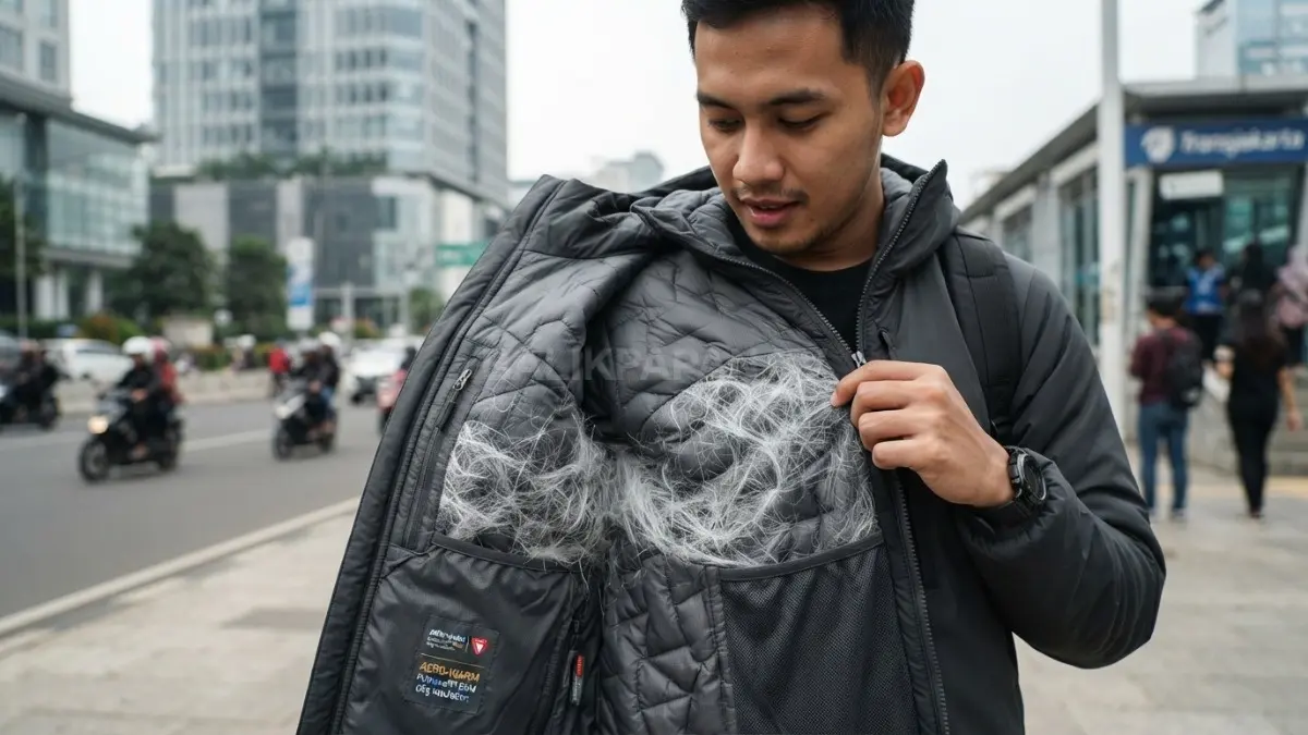 Ilustrasi berbagai jenis jaket dengan struktur lapisan kain yang memengaruhi kemampuan menjaga suhu tubuh. (BTV/AI)