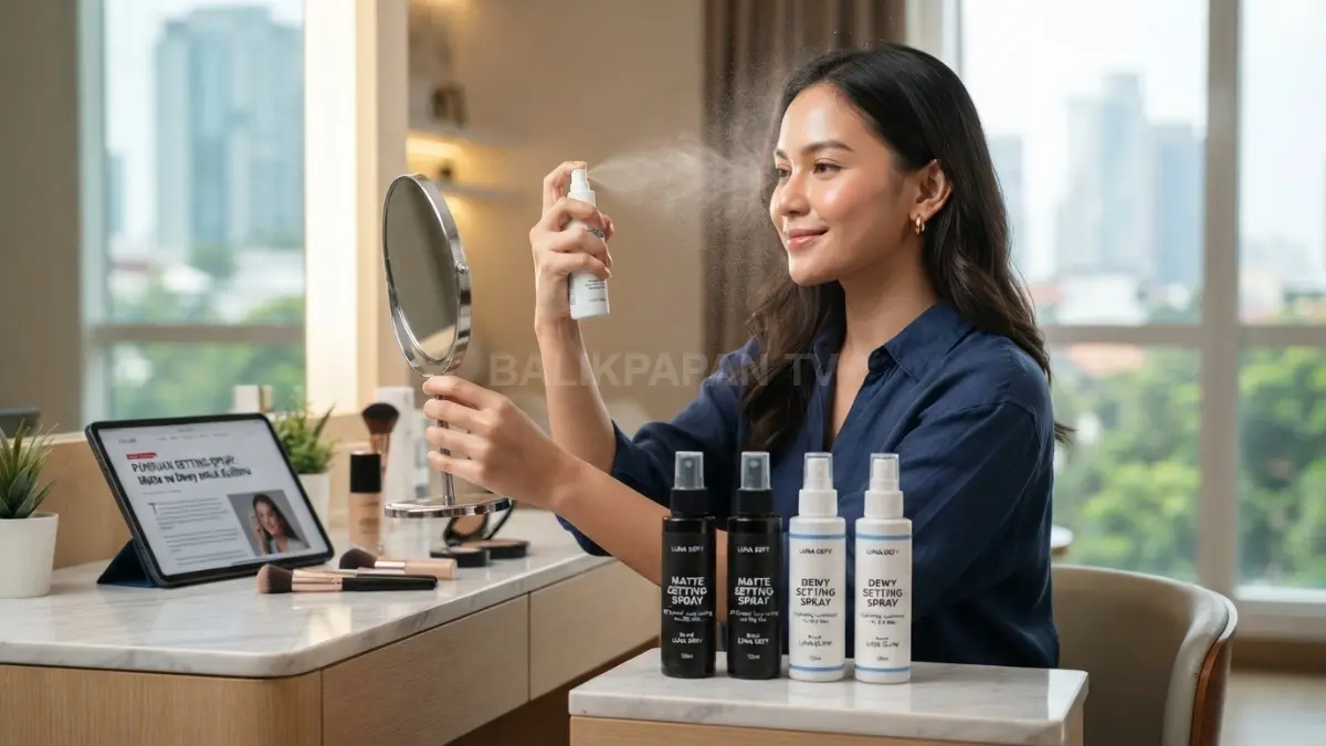 Ilustrasi berbagai jenis setting spray matte dan dewy yang disesuaikan dengan tipe kulit. (BTV/AI)