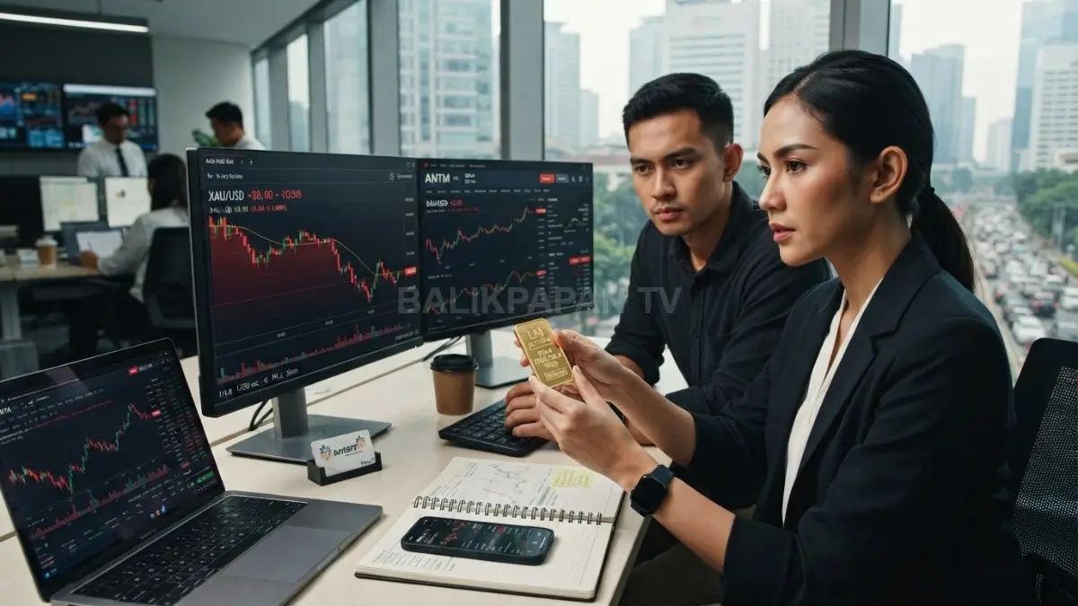 Ilustrasi emas batangan Antam dengan grafik harga menurun, menggambarkan pergerakan harga emas hari ini.