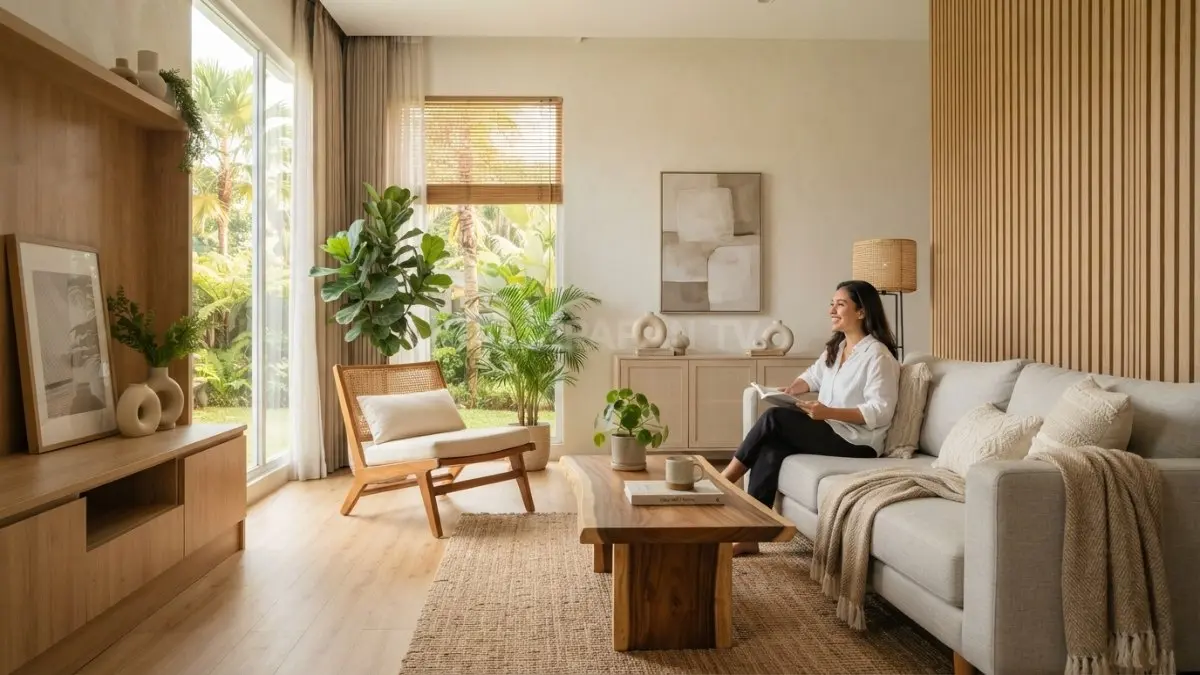 Interior ruang makan bergaya Japandi menggunakan furnitur kayu sederhana, tanaman tropis, dan ventilasi silang yang membuat ruangan terasa sejuk. (BTV/AI)