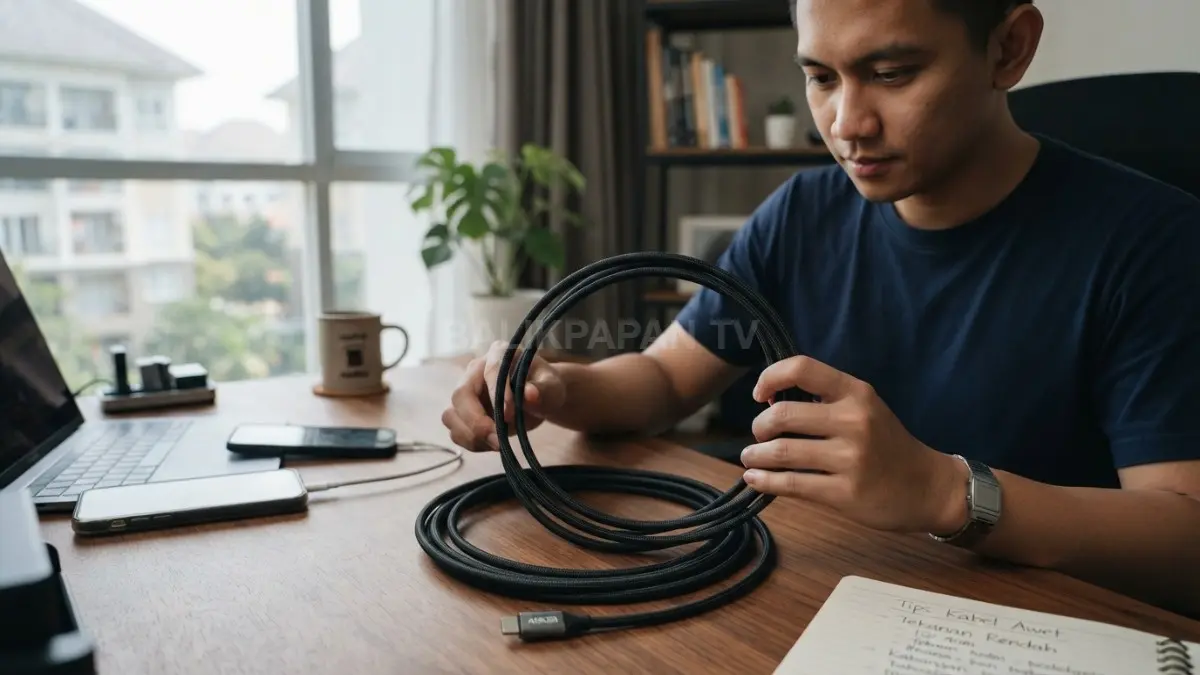 Kabel charger digulung longgar dengan diameter besar untuk mengurangi tekanan pada penghantar dan memperpanjang usia pakainya. (BTV/AI)