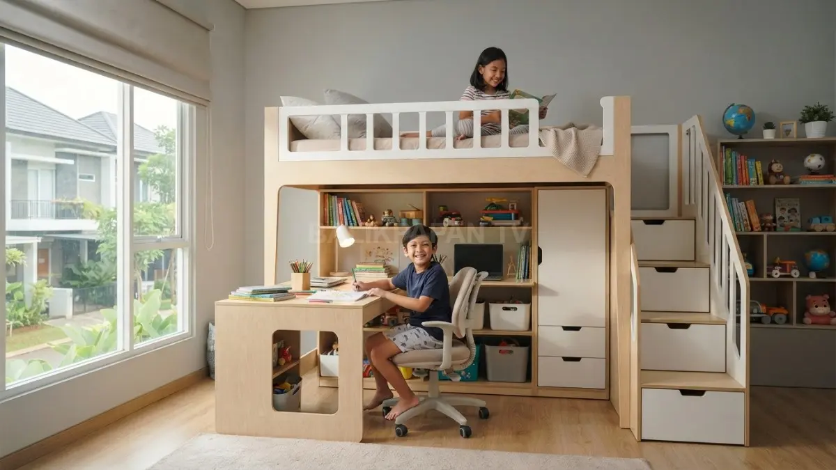Kamar anak bertingkat multifungsi mengoptimalkan ruang dengan tempat tidur, meja belajar, dan penyimpanan praktis (BTV/AI)
