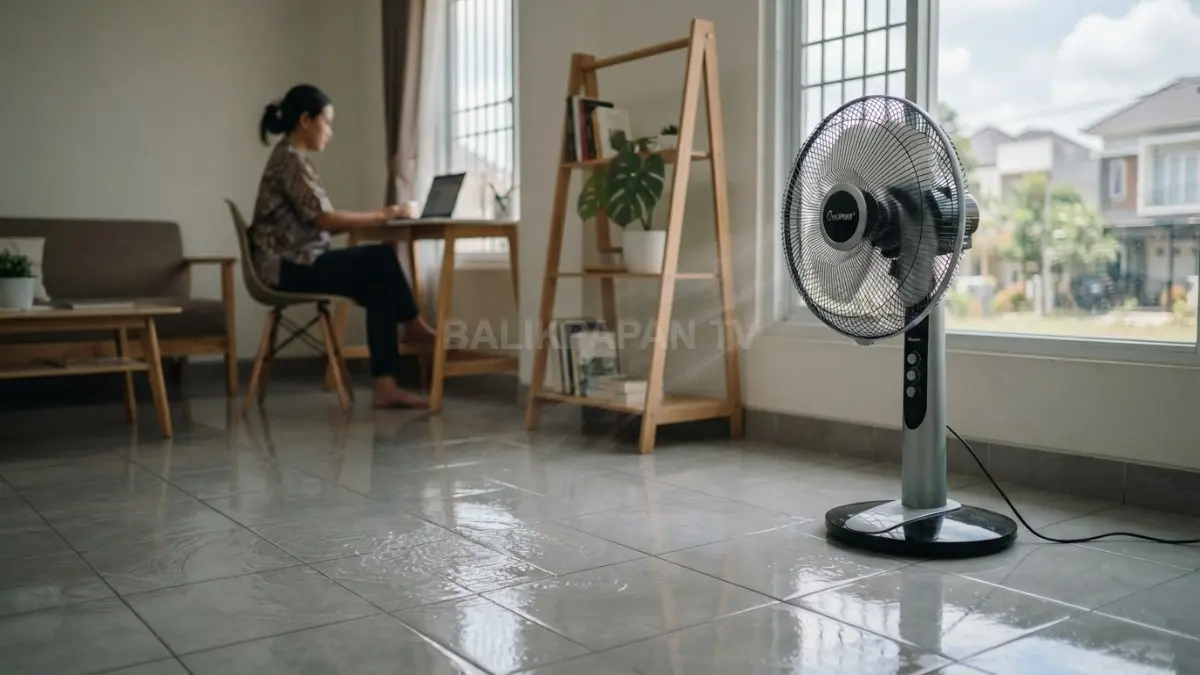 Kipas angin menyala di dalam ruangan dengan arah hembusan tidak langsung menuju lantai yang baru dipel. (BTV/AI)