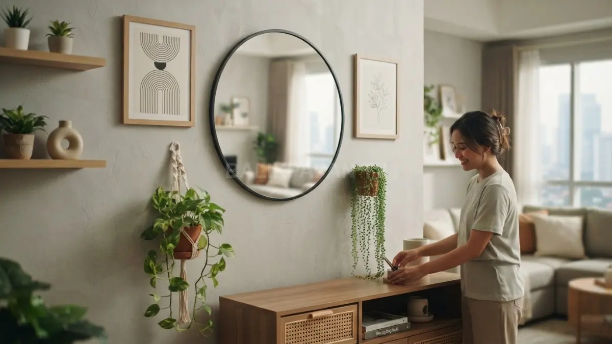 Kombinasi cermin bulat, wall art minimalis, dan tanaman gantung sebagai dekorasi dinding modern yang mudah dipasang. (BTV/AI)