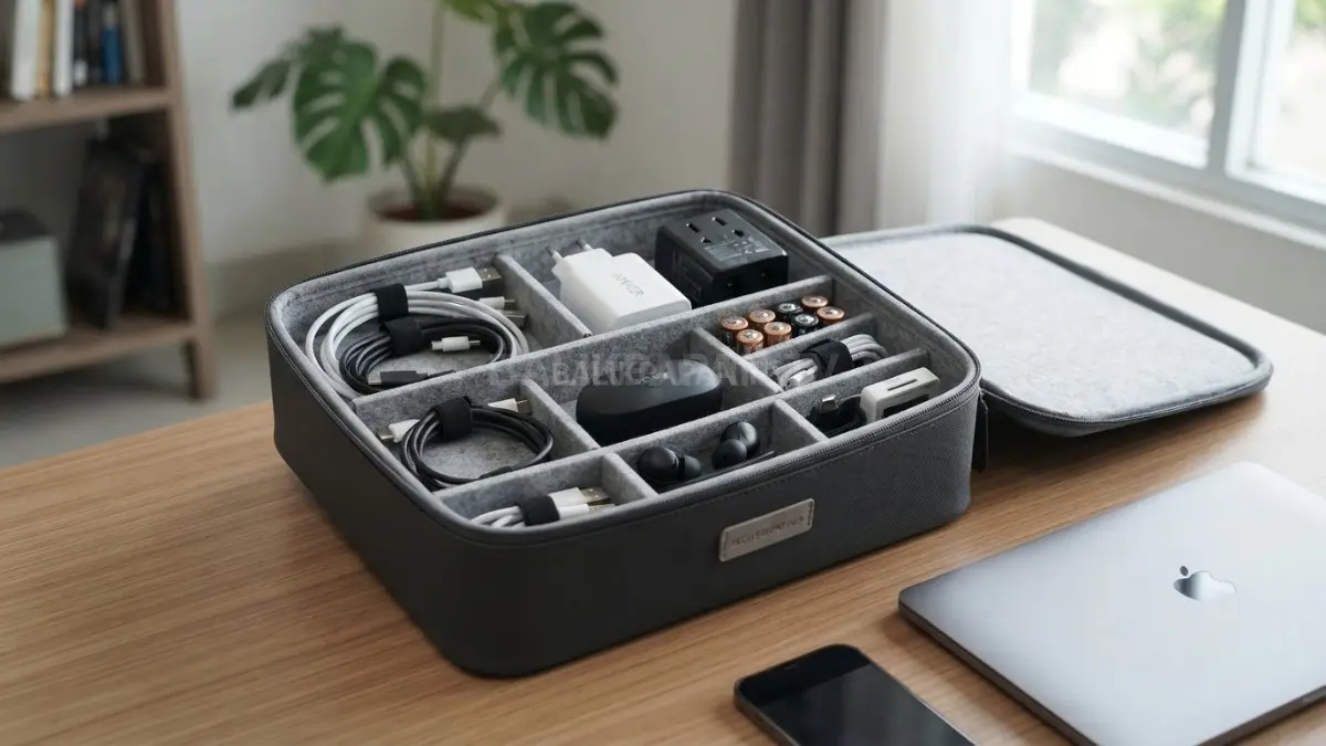 Kotak khusus elektronik membantu menjaga kabel dan perangkat kecil tetap rapi serta mudah ditemukan. (BTV/Ai)
